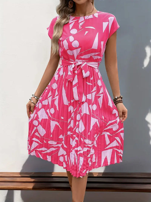 Women'S Vibrant Pink Geometric A-Line Dress with Batwing Sleeves & Belted Waist - Pleated