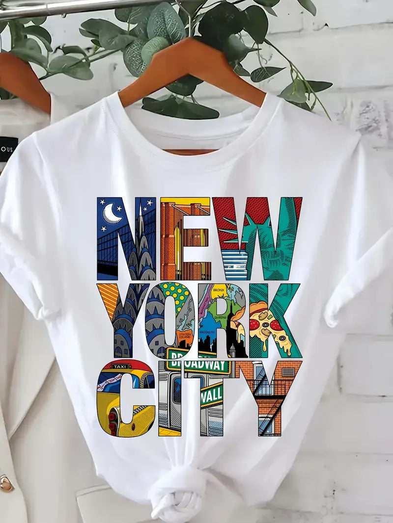 1pc Women's Casual 100% Cotton T-Shirt with NEW YORK CITY Alphabet & Skyline