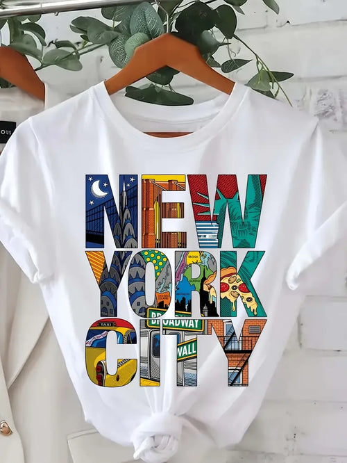 1pc Women's Casual 100% Cotton T-Shirt with NEW YORK CITY Alphabet & Skyline