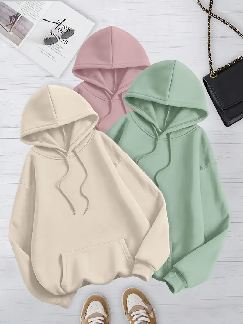 3pcs Set Women's Casual Solid Color Drawstring Hoodie, Autumn and Winter