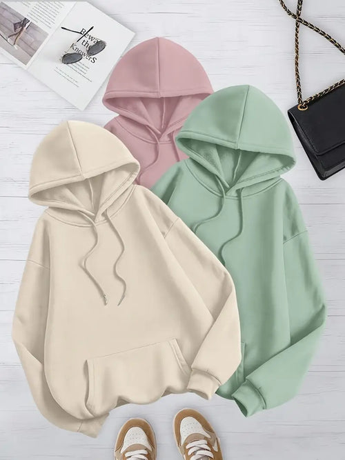 3pcs Set Women's Casual Solid Color Drawstring Hoodie, Autumn and Winter