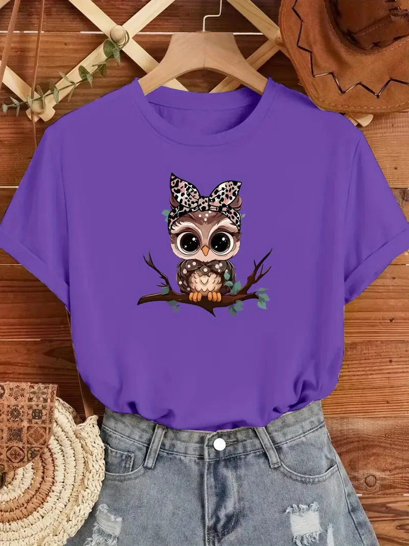 Women's Casual Short Sleeve Crew Neck T-Shirt - Vibrant Purple Floral Print, Soft Breathable Fabric